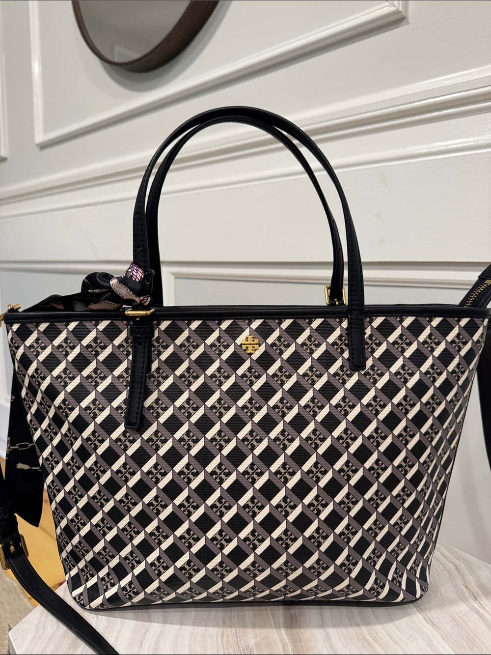 Tory Burch Bag Geo Logo Black & White Print Leather Tote Bag Satchel Crossbody - Picture 5 of 17